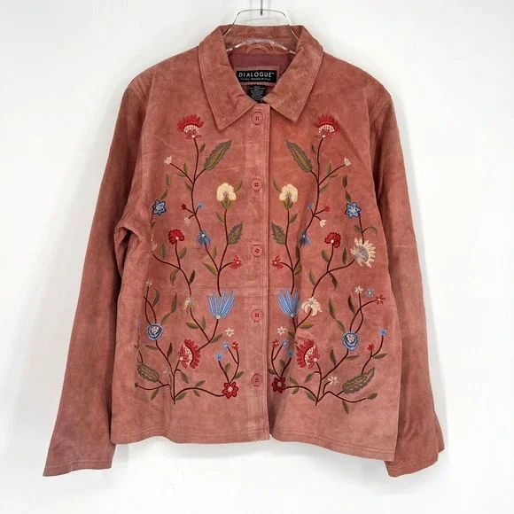Jessica Holbrook Leather Jacket Womens L Floral Embroidered Boho Western Pink - Picture 1 of 5